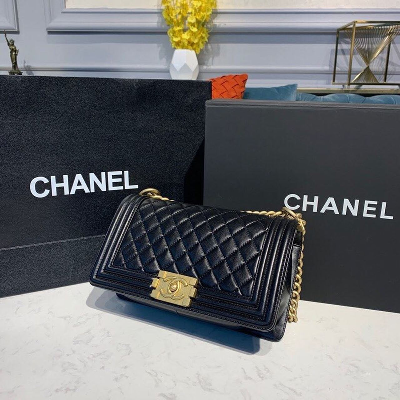CHL Boy Handbag Gold Toned Hardware Black For Women, Women&#8217;s Bags, Shoulder And Crossbody Bags 9.8in/25cm A67086