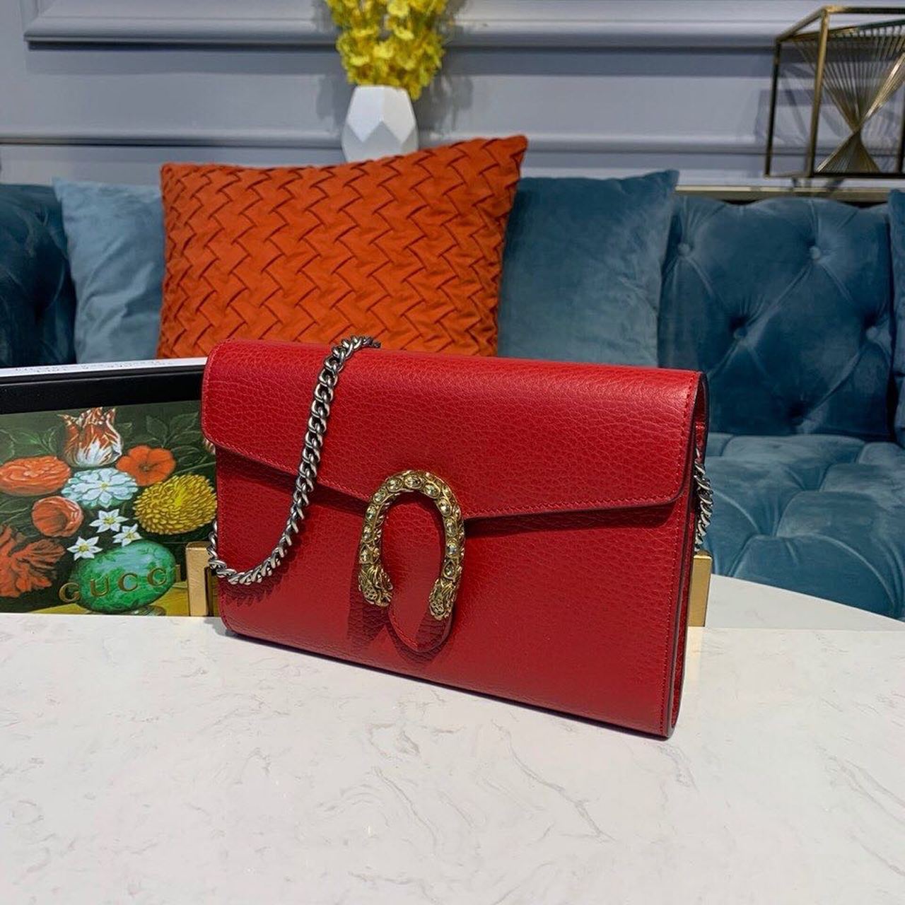 gg Dionysus Mini Chain Bag Hibiscus Red Metal-Free Tanned For Women 8in/20cm 401231 CAOGX 8990