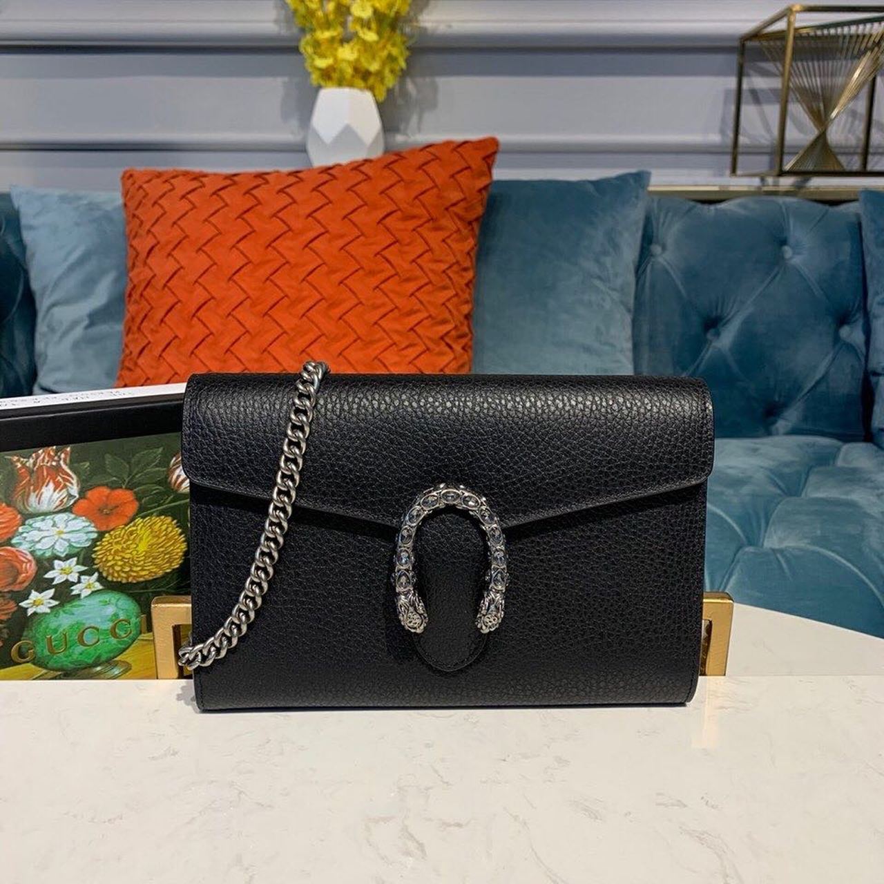 gg Dionysus Mini Chain Bag Black Metal-Free Tanned For Women 8in/20cm gg 401231 CAOGN 8176