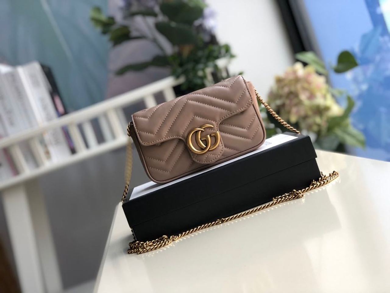 gg Marmont Matelassé Super Mini Bag Beige Matelassé Chevron For Women 6.2in/16.5cm gg