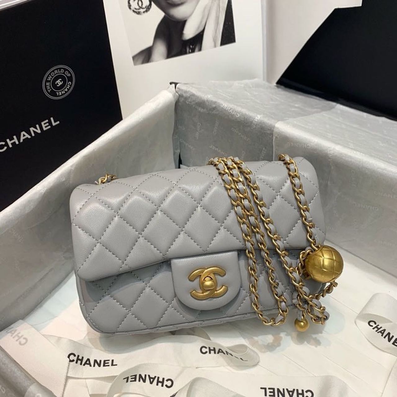 ChanelFlap Bag With ChanelBall On Strap Grey For Women, Women&#8217;s Handbags, Shoulder And Crossbody Bags 7.8in/20cm AS1787