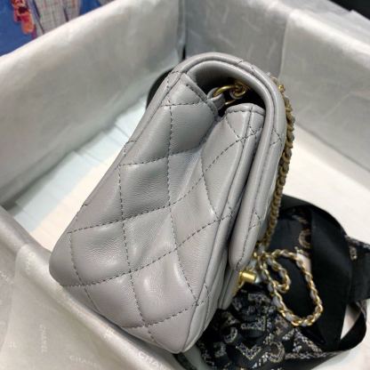 Chanel Classic Flap With Charm Chain With Chanel Details On Strap Bag 17cm/7inch Gold Hardware Grey