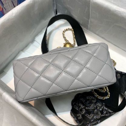 Chanel Classic Flap With Charm Chain With Chanel Details On Strap Bag 17cm/7inch Gold Hardware Grey