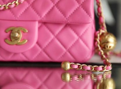 Chanel Classic Flap With Charm Chain With Chanel Ball On Strap Bag 20cm Gold Toned Hardware Lambskin Leather Spring/Summer Collection, Pink