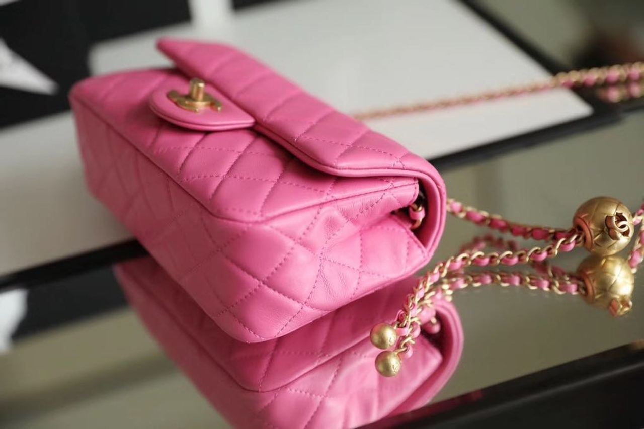 Chanel Classic Flap With Charm Chain With Chanel Ball On Strap Bag 20cm Gold Toned Hardware Lambskin Leather Spring/Summer Collection, Pink