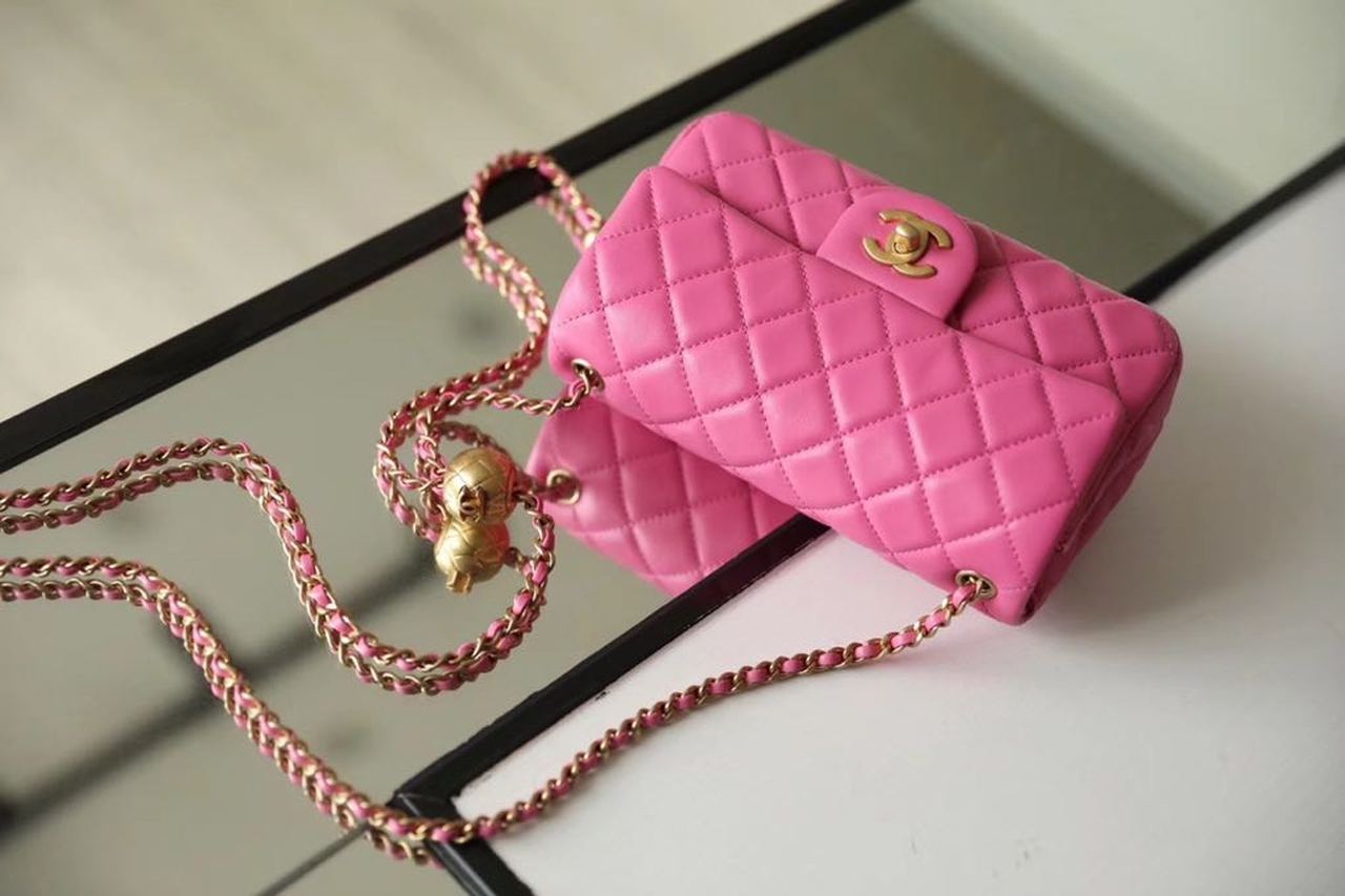 Chanel Classic Flap With Charm Chain With Chanel Ball On Strap Bag 20cm Gold Toned Hardware Lambskin Leather Spring/Summer Collection, Pink