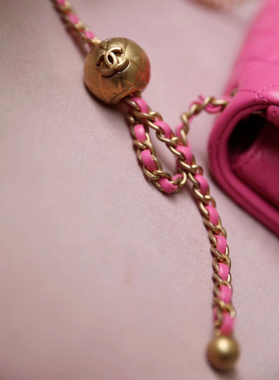 Chanel Classic Flap With Charm Chain With Chanel Ball On Strap Bag 20cm Gold Toned Hardware Lambskin Leather Spring/Summer Collection, Pink