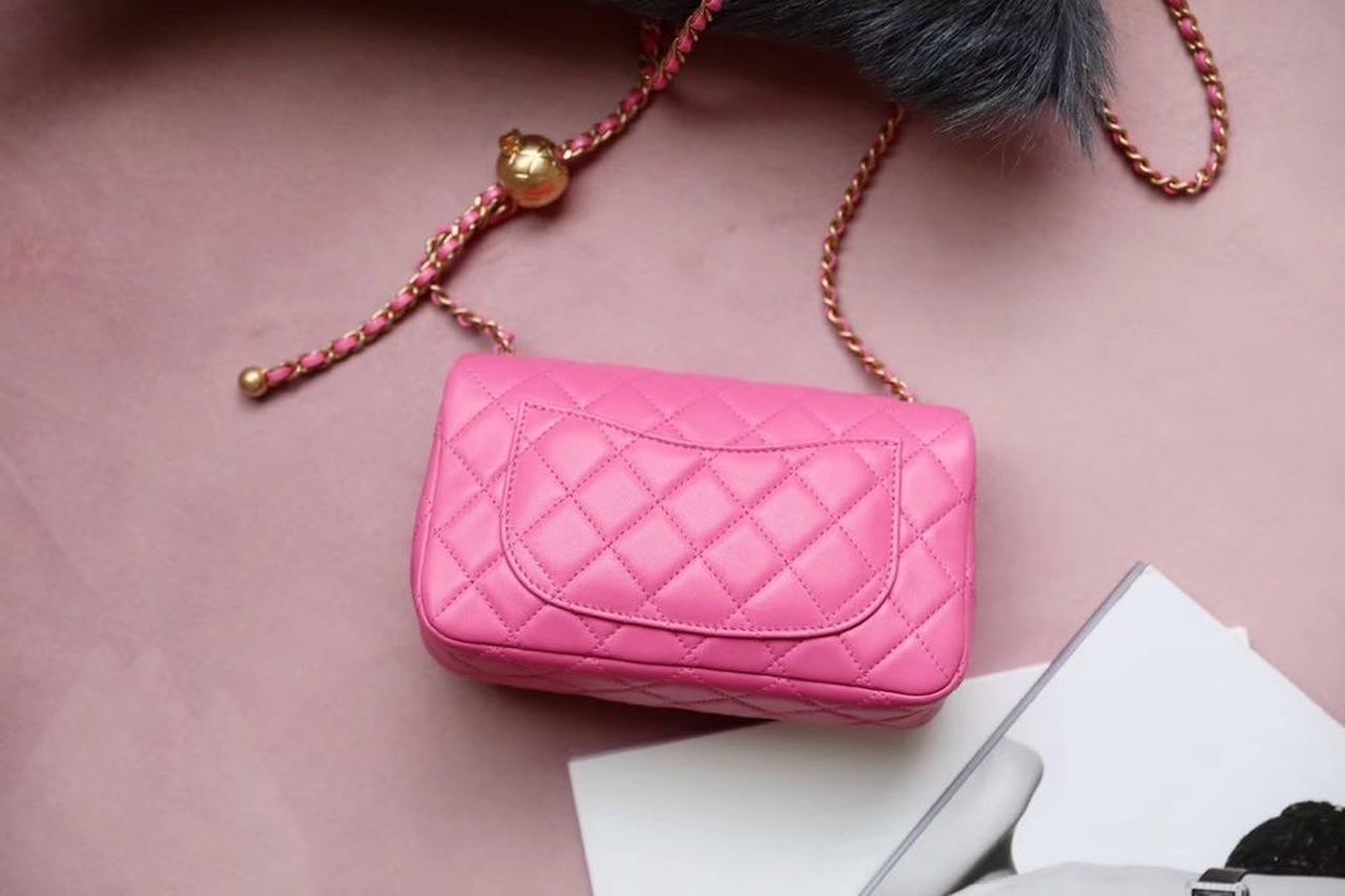 Chanel Classic Flap With Charm Chain With Chanel Ball On Strap Bag 20cm Gold Toned Hardware Lambskin Leather Spring/Summer Collection, Pink