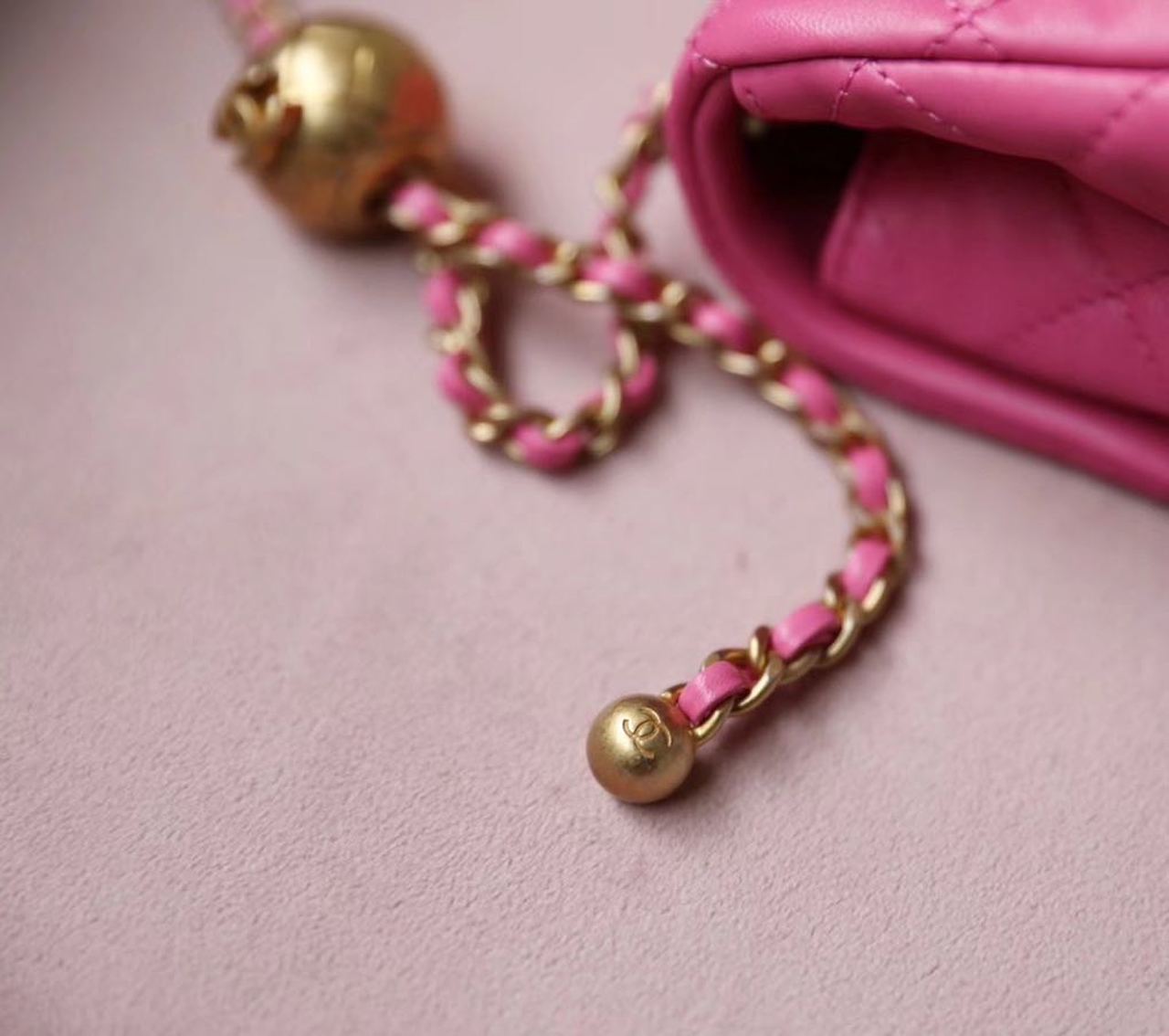Chanel Classic Flap With Charm Chain With Chanel Ball On Strap Bag 20cm Gold Toned Hardware Lambskin Leather Spring/Summer Collection, Pink