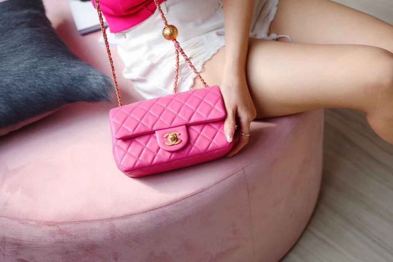 Chanel Classic Flap With Charm Chain With Chanel Ball On Strap Bag 20cm Gold Toned Hardware Lambskin Leather Spring/Summer Collection, Pink