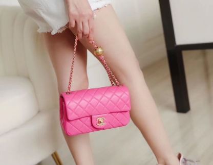 Chanel Classic Flap With Charm Chain With Chanel Ball On Strap Bag 20cm Gold Toned Hardware Lambskin Leather Spring/Summer Collection, Pink