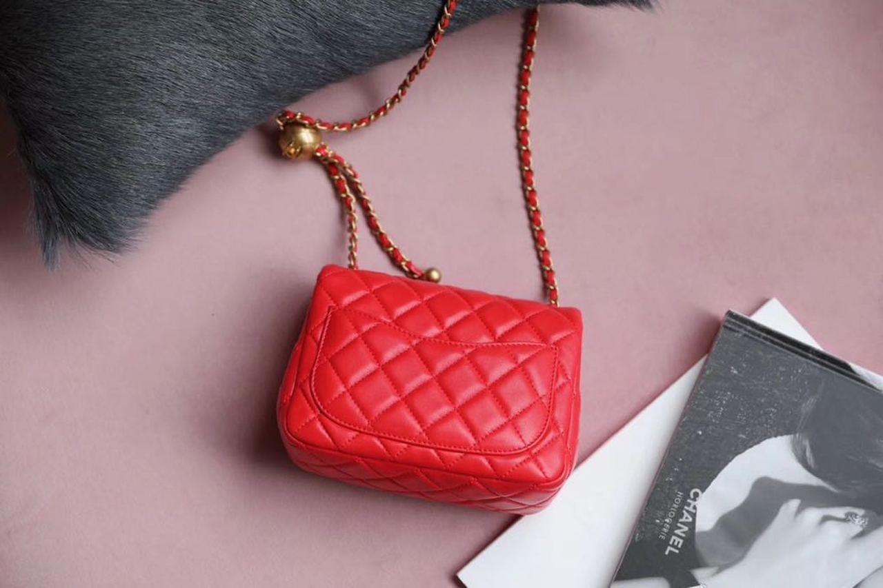 ChanelMini Flap Bag With ChanelBall On Strap Red For Women, Women&#8217;s Handbags, Shoulder And Crossbody Bags 6.7in/17cm AS1786