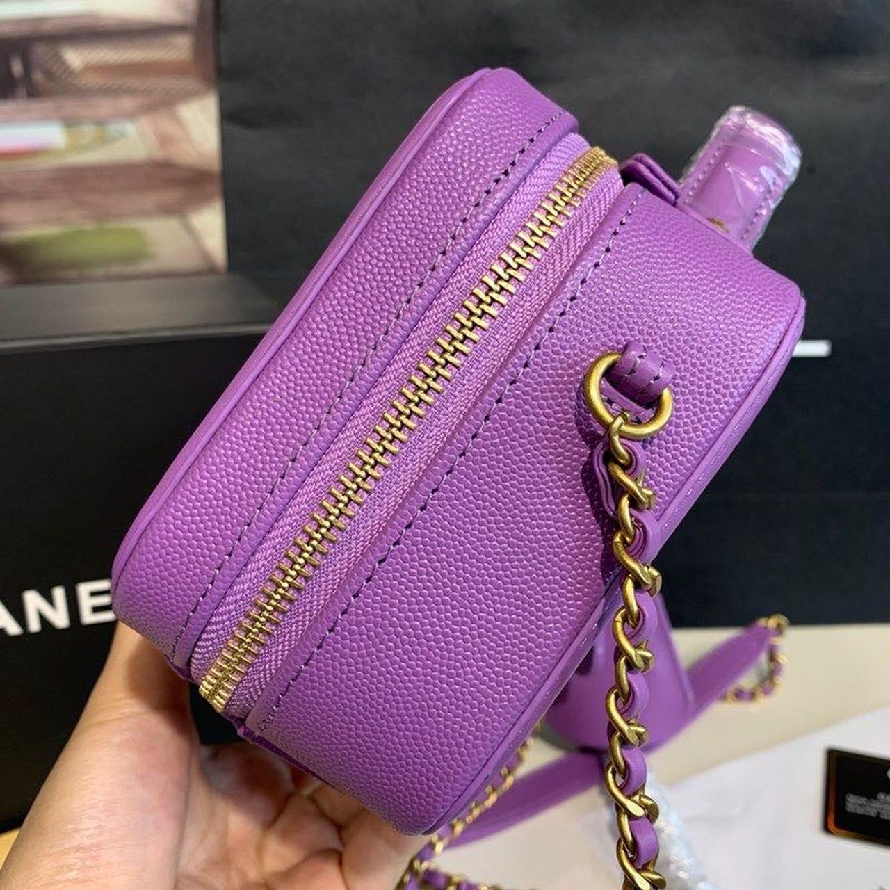 Chanel Filigree Vanity Case Bag 18cm Gold Toned Hardware Caviar Leather Spring/Summer Act 1 Collection, Purple