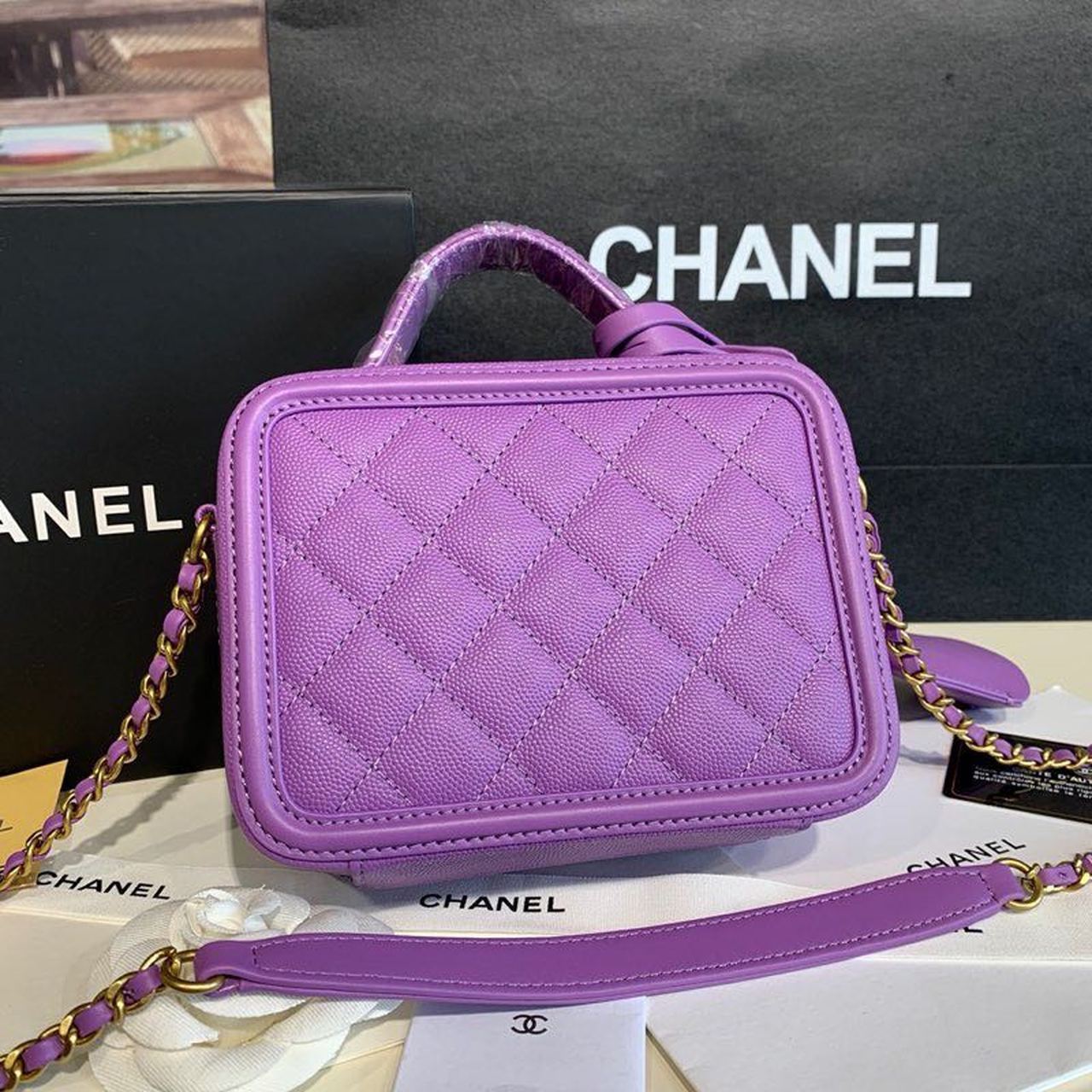 Chanel Filigree Vanity Case Bag 18cm Gold Toned Hardware Caviar Leather Spring/Summer Act 1 Collection, Purple