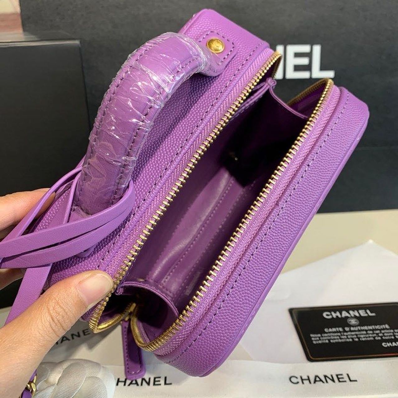 Chanel Filigree Vanity Case Bag 18cm Gold Toned Hardware Caviar Leather Spring/Summer Act 1 Collection, Purple