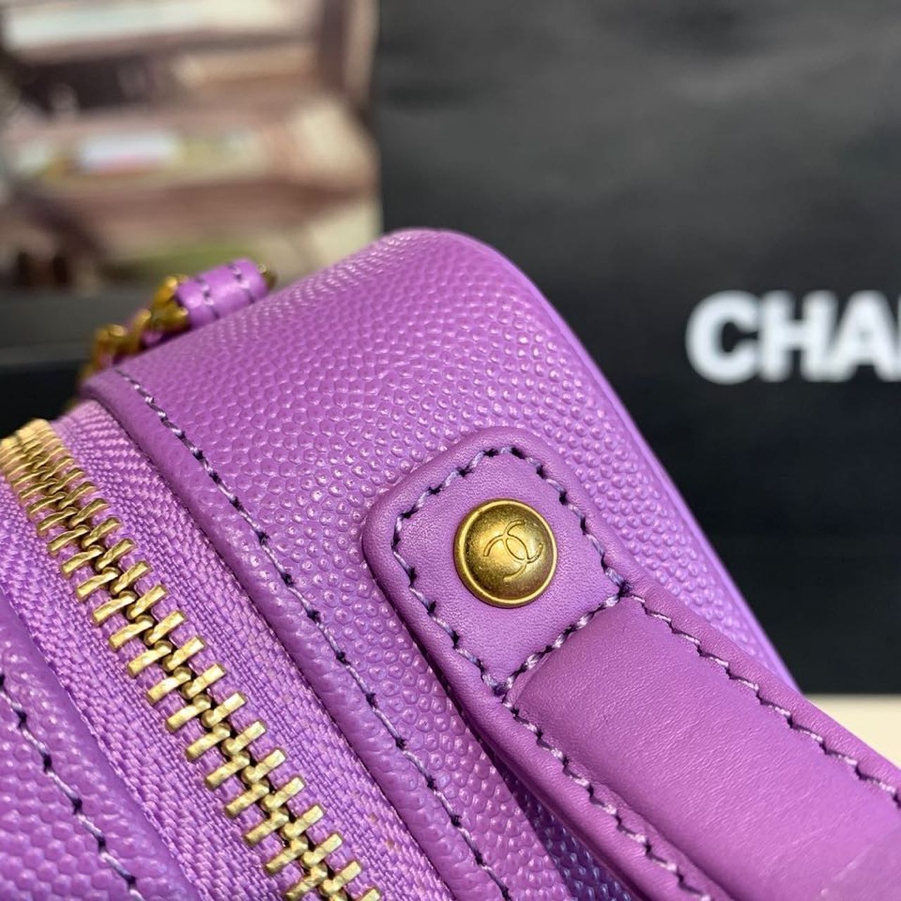 Chanel Filigree Vanity Case Bag 18cm Gold Toned Hardware Caviar Leather Spring/Summer Act 1 Collection, Purple