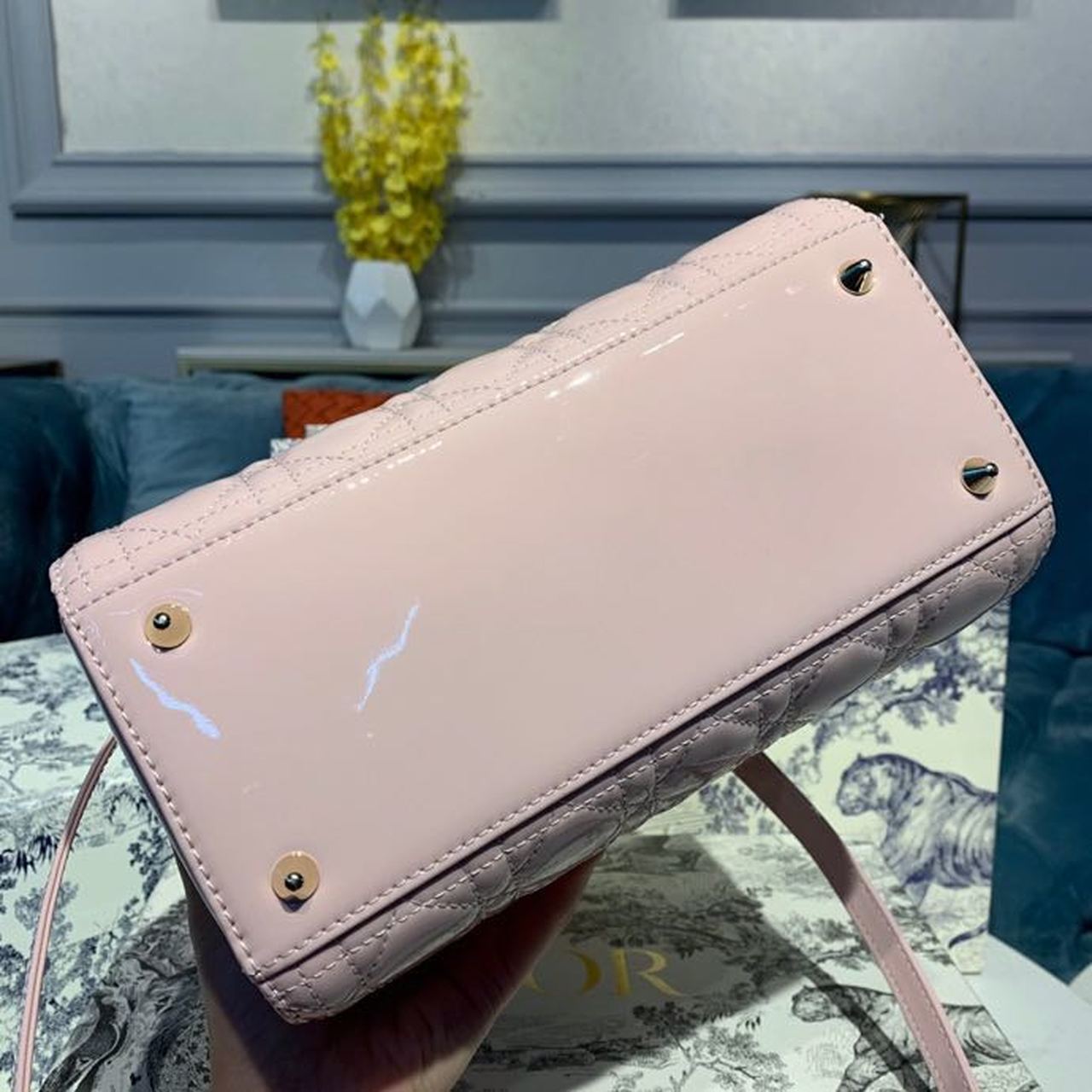 DI Medium Lady Bag Gold Toned Hardware Patent Light Pink For Women 24cm/9in CD