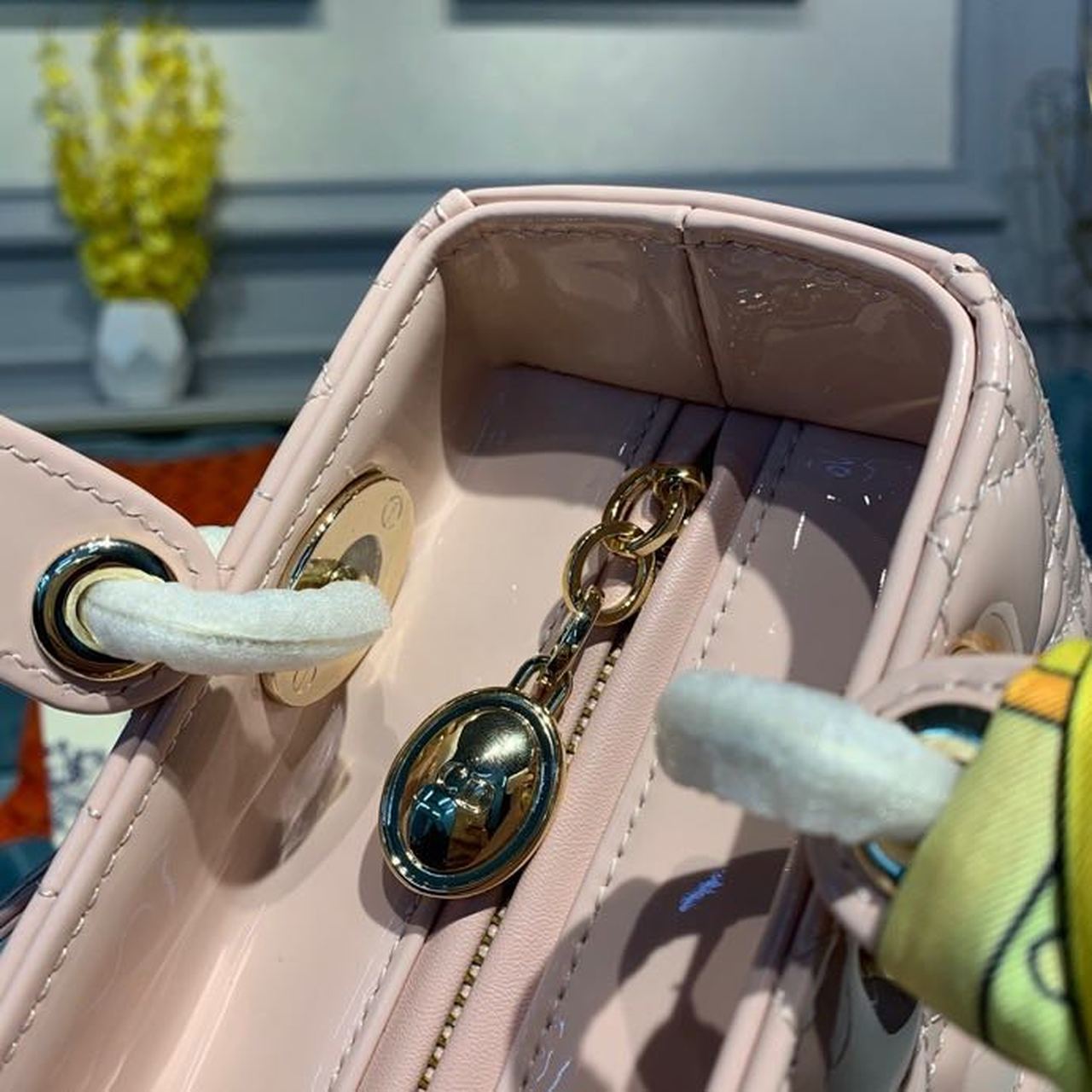 DI Medium Lady Bag Gold Toned Hardware Patent Light Pink For Women 24cm/9in CD