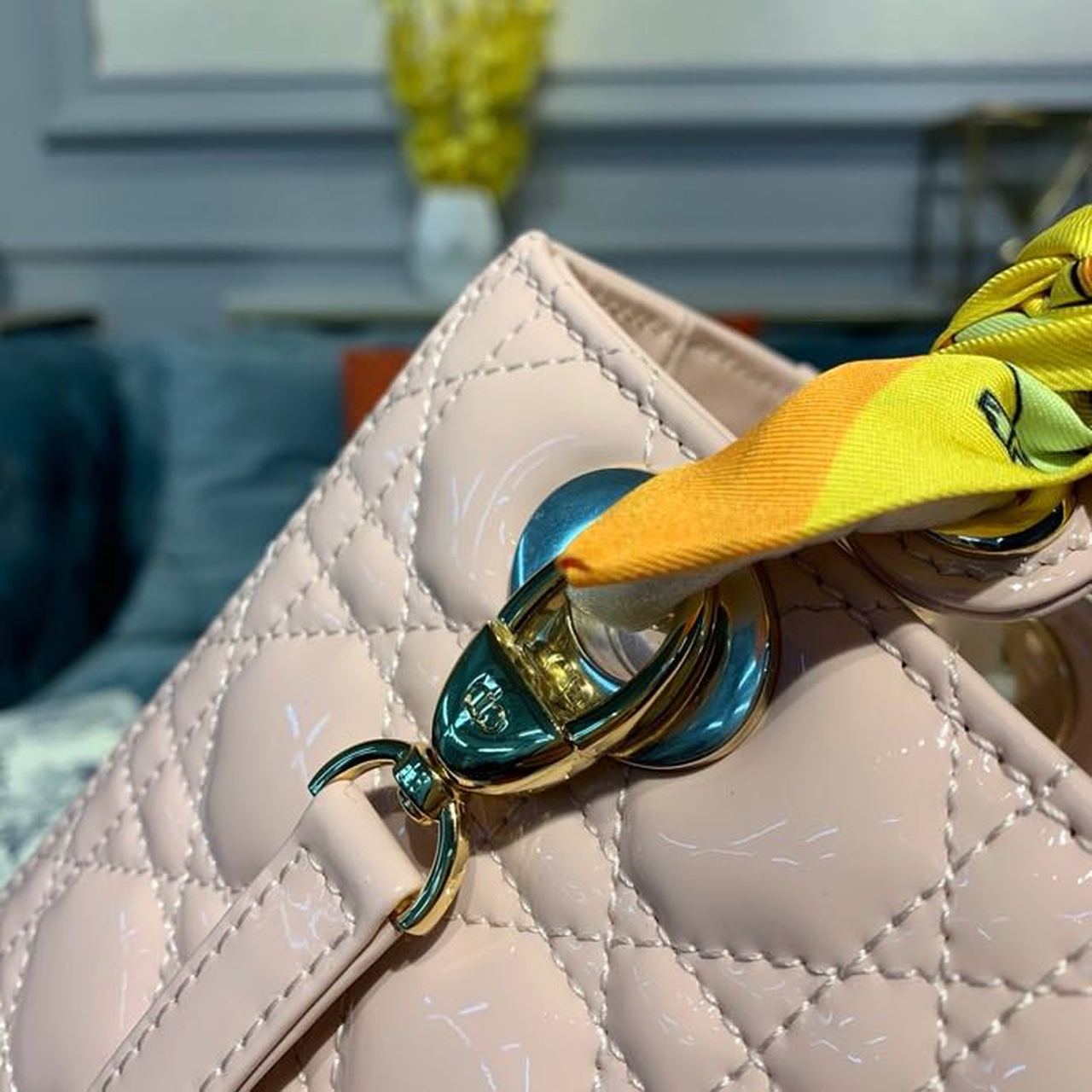 DI Medium Lady Bag Gold Toned Hardware Patent Light Pink For Women 24cm/9in CD