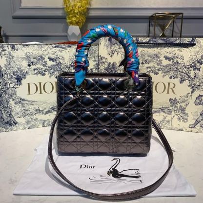 DI Medium Lady Bag Gold Toned Hardware Metallic Plum For Women 24cm/9in CD