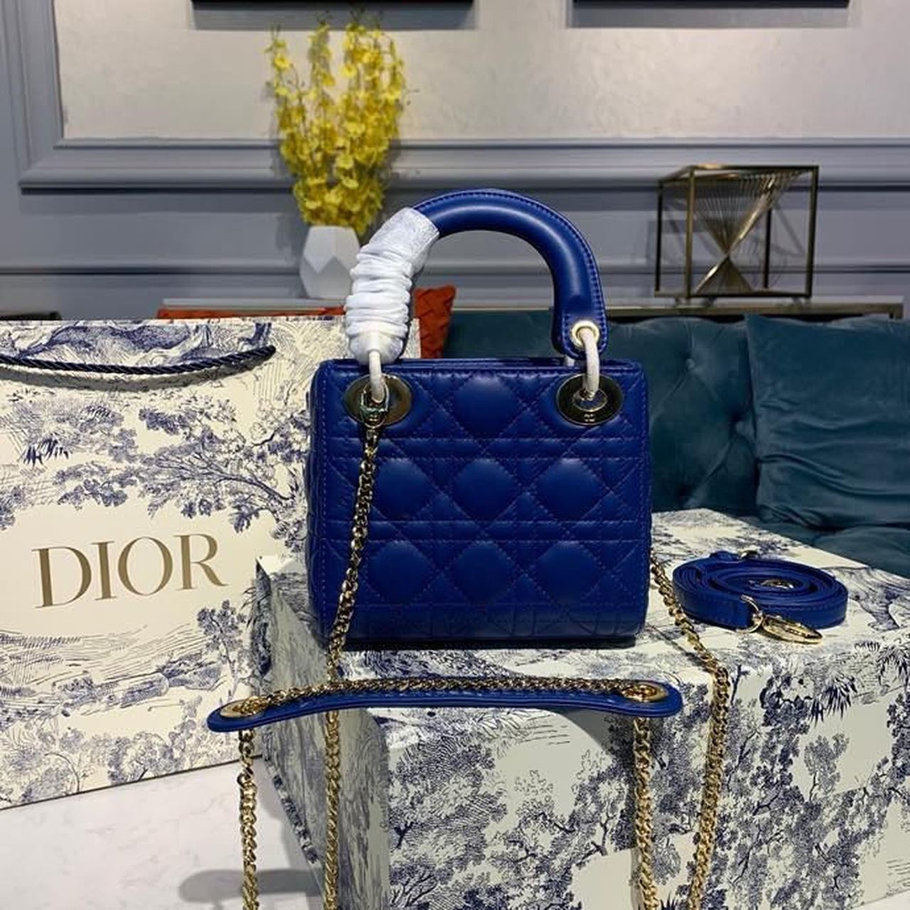 DI Mini Lady Bag with Chain Gold Toned Hardware Electric Blue For Women 18cm/7in CD