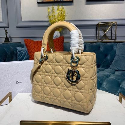 DI Medium Lady Bag Gold Toned Hardware Pale Yellow For Women 9.5in/24cm CD