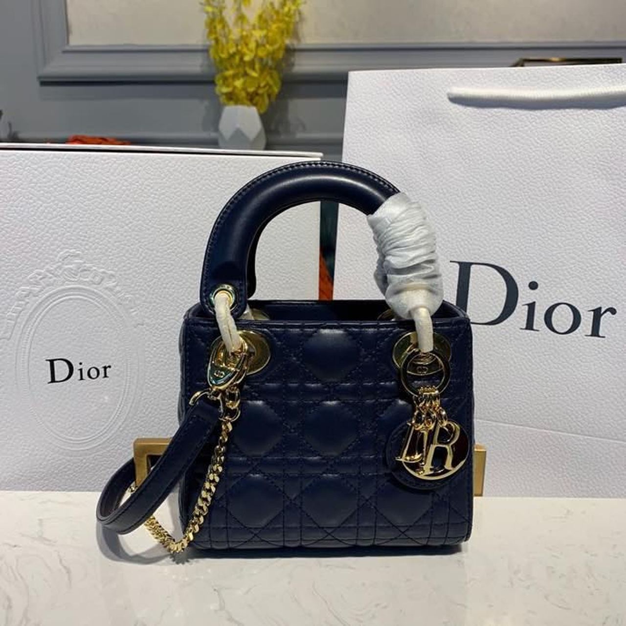 DI Mini Lady Bag with Chain Gold Toned Hardware Navy Blue For Women 6.5in/17cm CD
