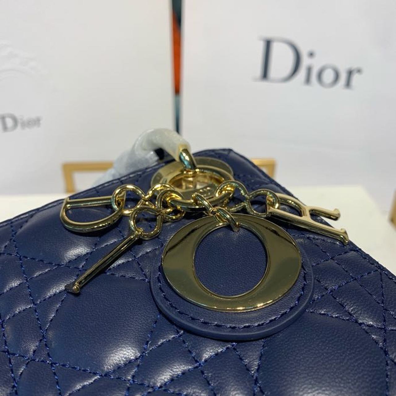 DI Mini Lady Bag with Chain Gold Toned Hardware Navy Blue For Women 6.5in/17cm CD