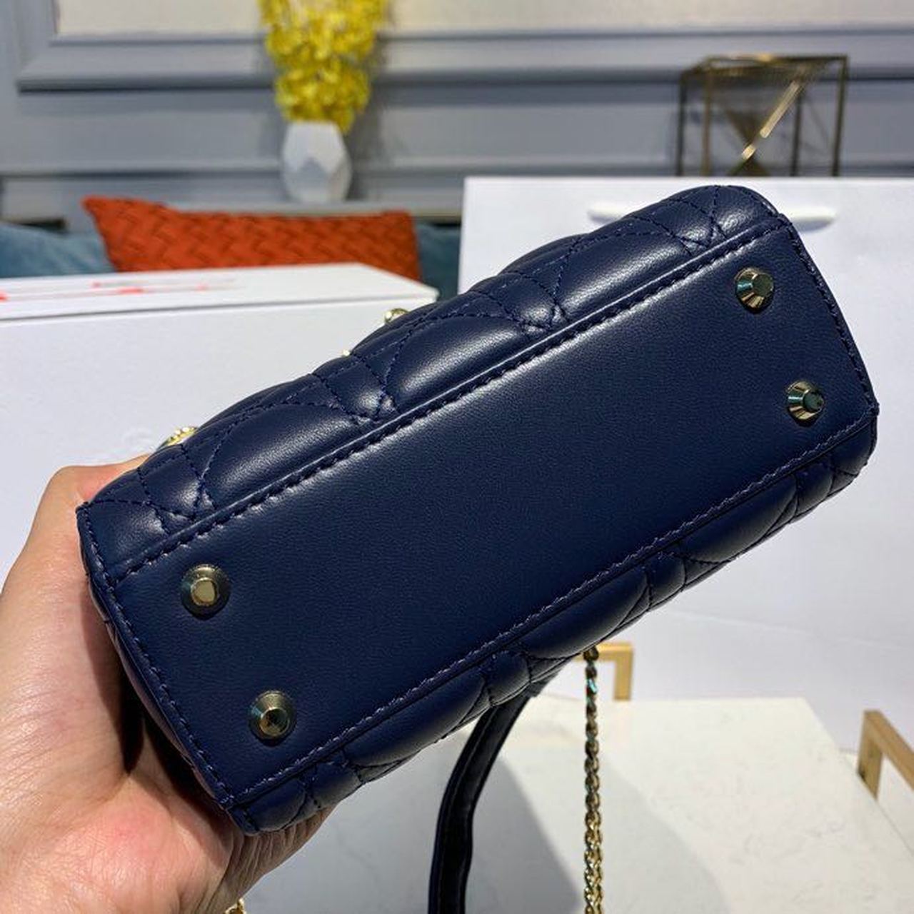 DI Mini Lady Bag with Chain Gold Toned Hardware Navy Blue For Women 6.5in/17cm CD