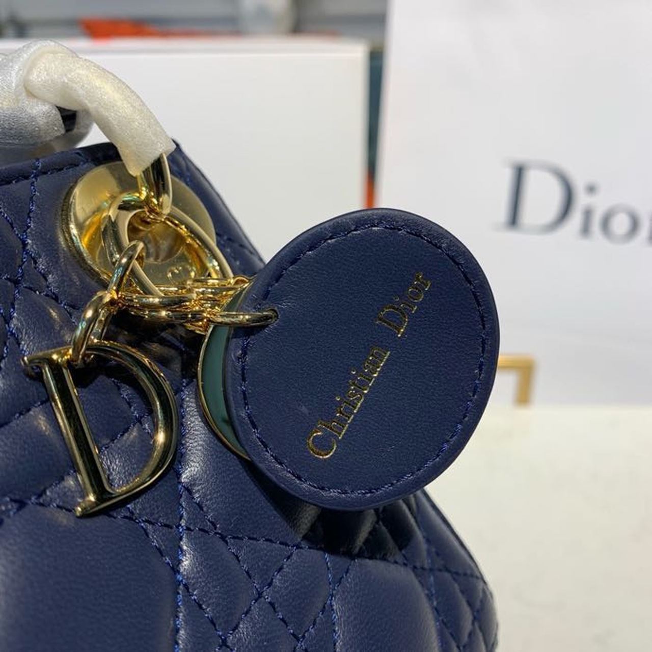 DI Mini Lady Bag with Chain Gold Toned Hardware Navy Blue For Women 6.5in/17cm CD