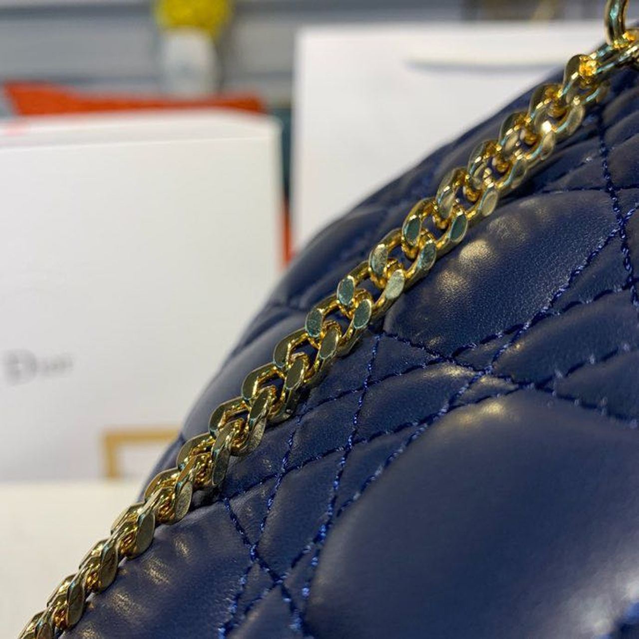 DI Mini Lady Bag with Chain Gold Toned Hardware Navy Blue For Women 6.5in/17cm CD