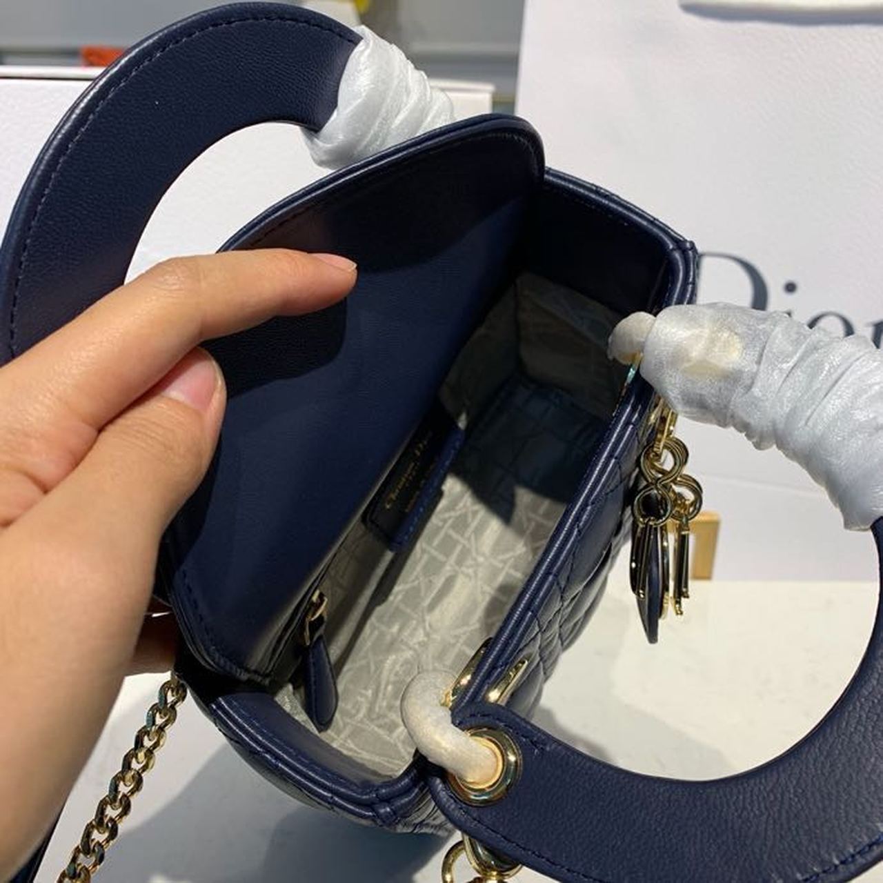 DI Mini Lady Bag with Chain Gold Toned Hardware Navy Blue For Women 6.5in/17cm CD