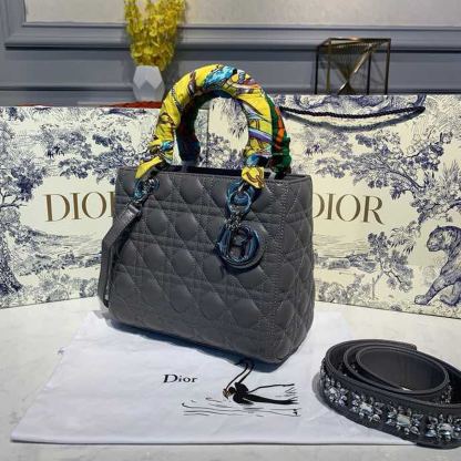 DI Medium Lady Bag Silver Hardware with Embellished Bag Strap Dark Grey For Women 9.5in/24cm CD