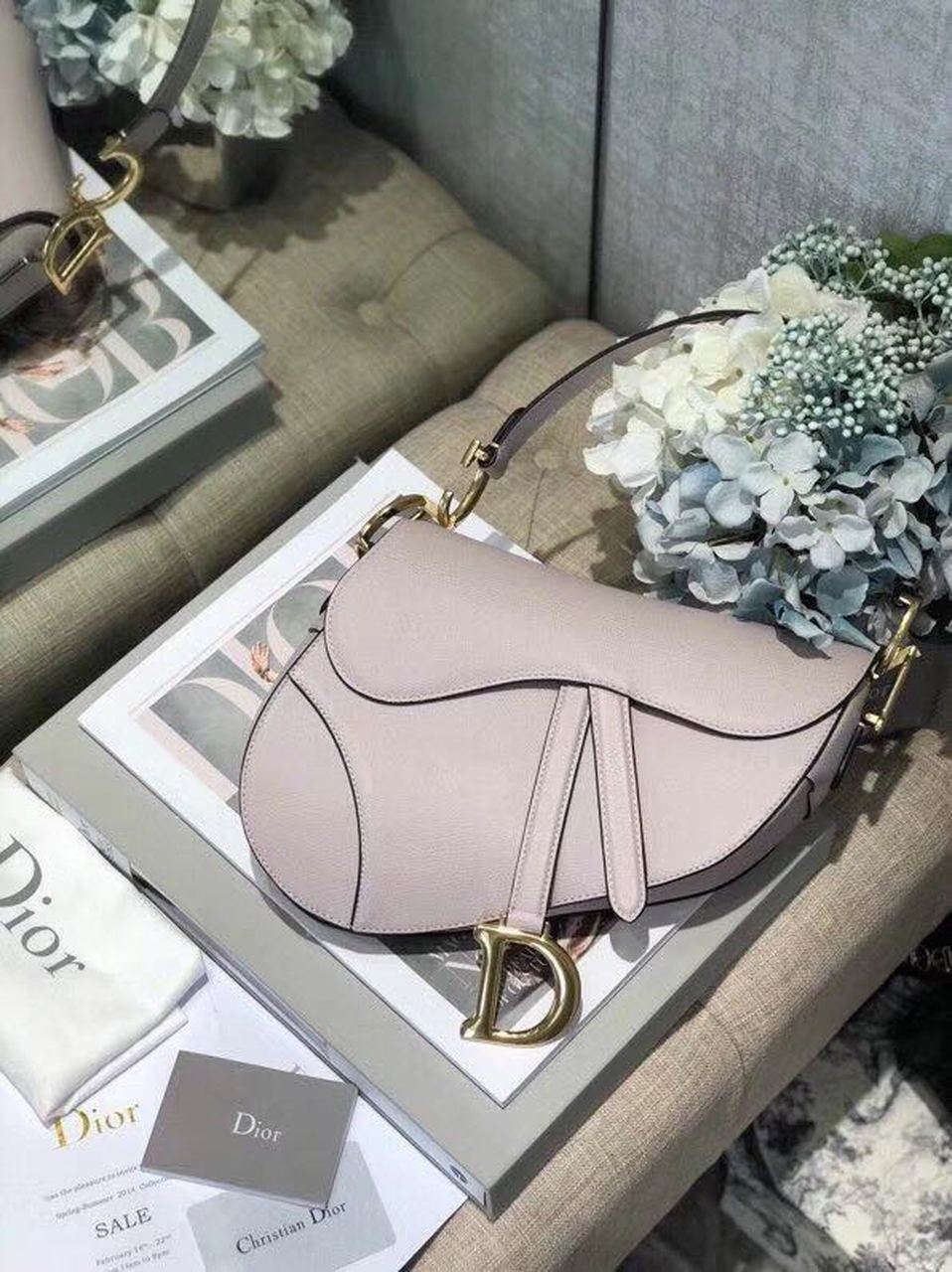 DI Saddle Bag Grained Canvas Light Pink For Women 19.5cm/7.6in CD