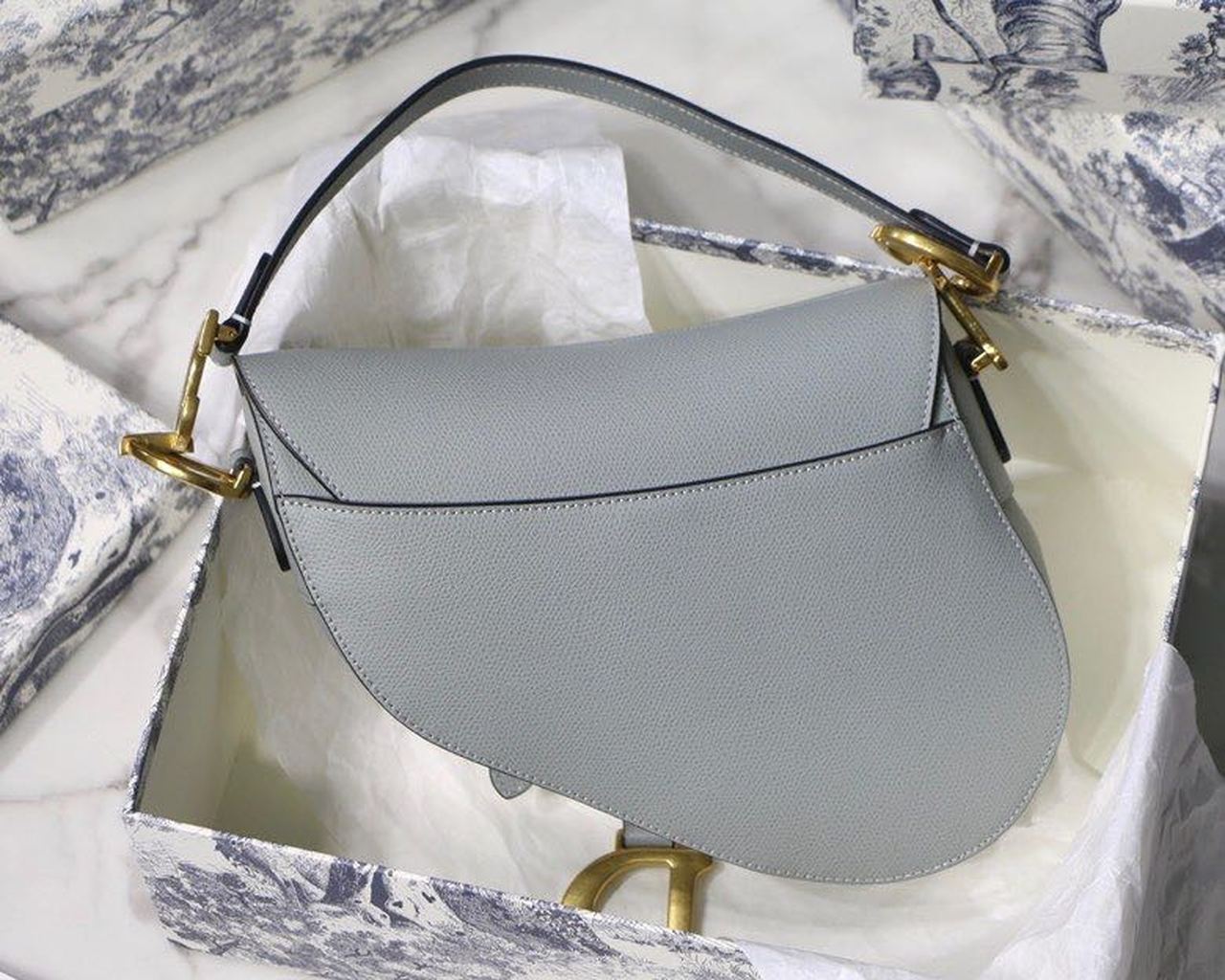 DI Saddle Bag Light Blue Grained Gold Toned Hardware For Women 25cm/10in CD