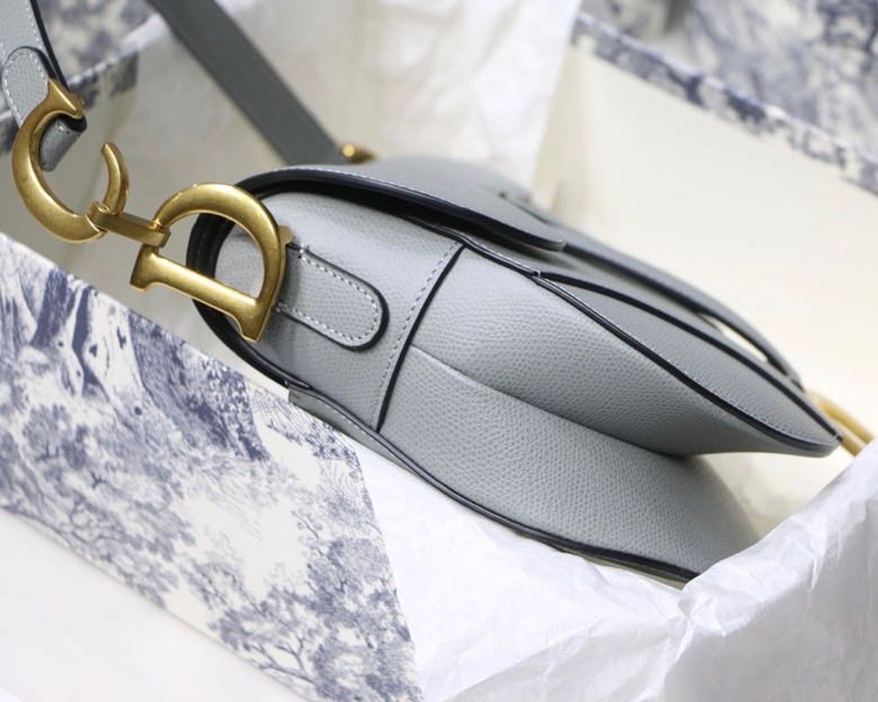 DI Saddle Bag Light Blue Grained Gold Toned Hardware For Women 25cm/10in CD