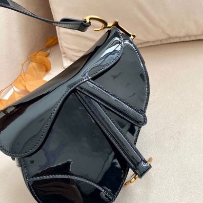 DI Saddle Bag Black Patent Gold Toned Hardware For Women 19.5cm/7.6in CD