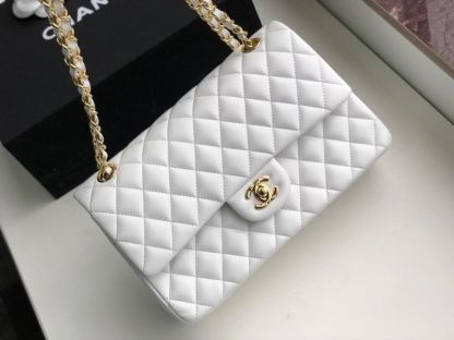 Chanel Classic Handbag Gold Toned Hardware White For Women, Women&#8217;s Bags, Shoulder And Crossbody Bags 10.2in/26cm A01112
