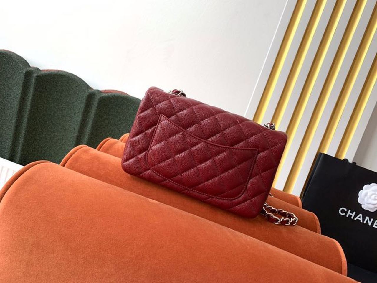 Chanel Classic HandBag Silver Hardware Burgundy For Women 7.8in/20cm