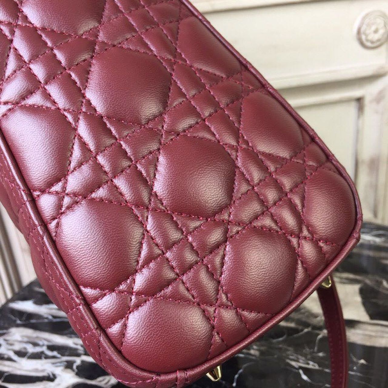 DI Medium Lady Bag Gold Toned Hardware Burgundy For Women 24cm/9in CD