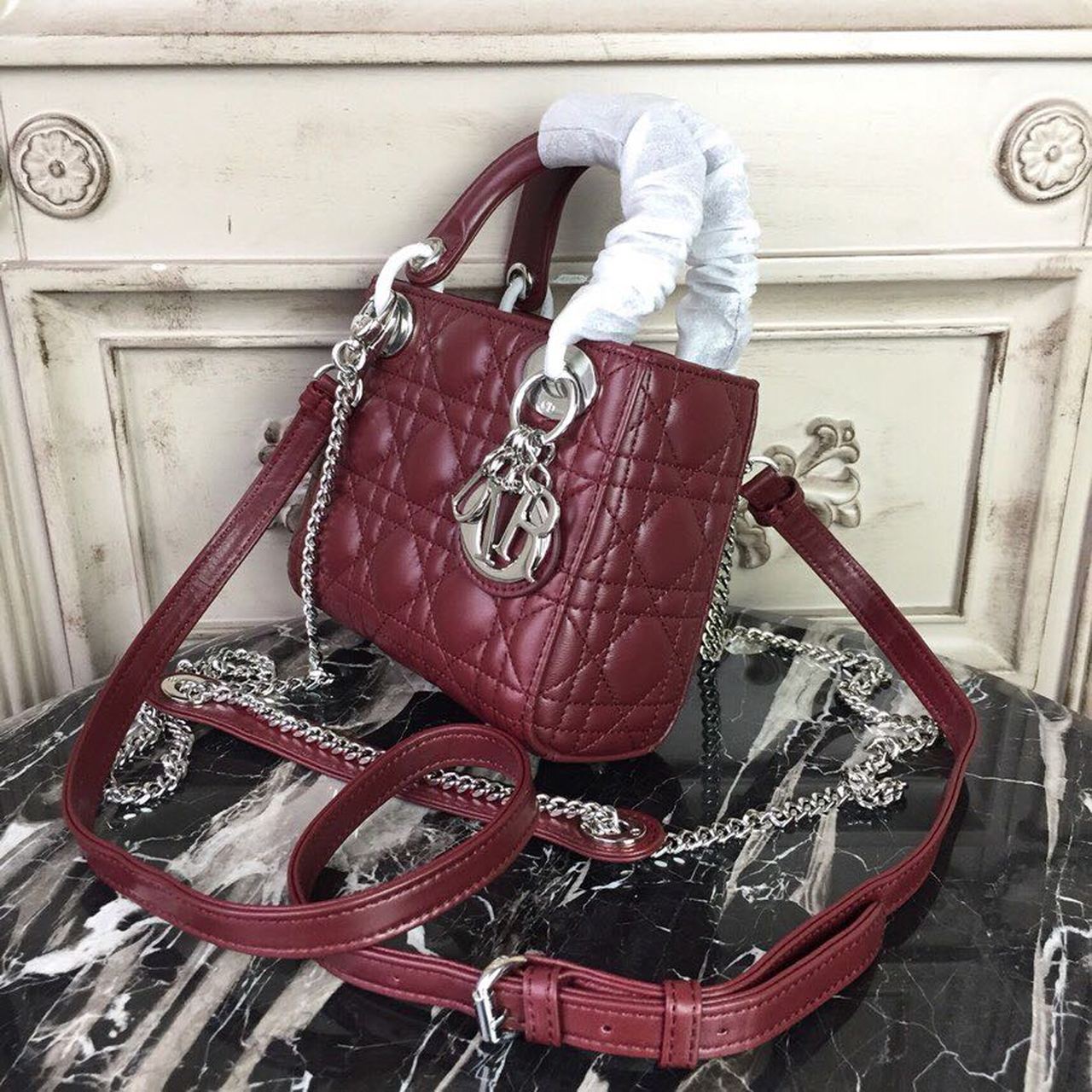 DI Mini Lady Bag with Chain Silver Hardware Burgundy For Women 6.5in/17cm CD