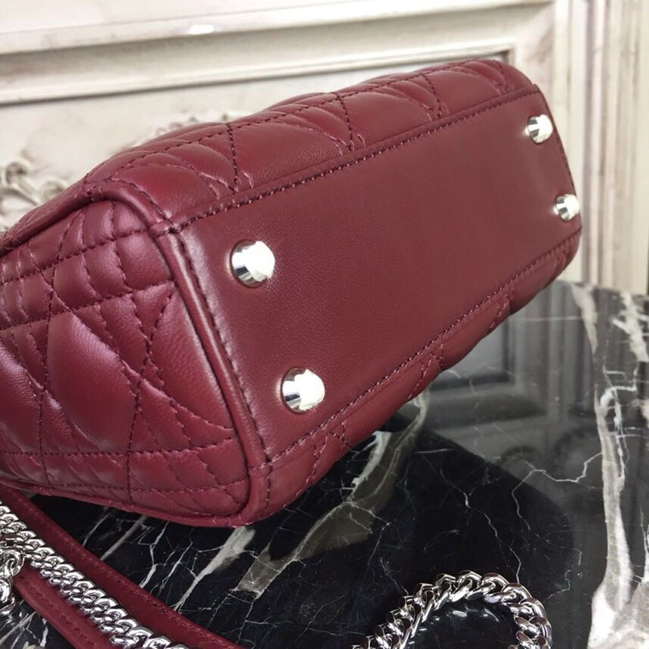 DI Mini Lady Bag with Chain Silver Hardware Burgundy For Women 6.5in/17cm CD
