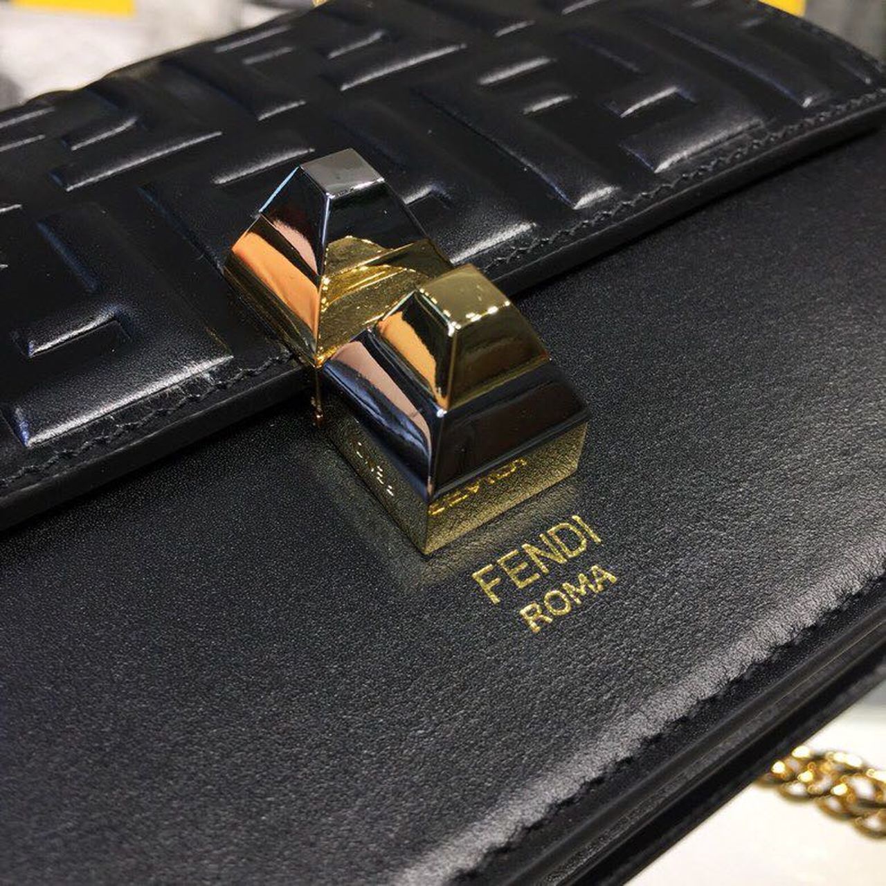 FI FF Logo Kan I Bag 9.8in/25cm With Gold Toned Chain Black For Women