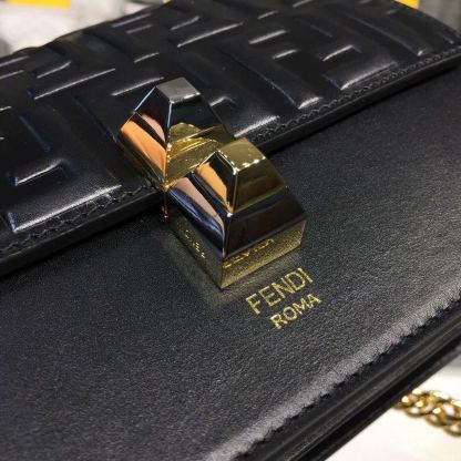 FI FF Logo Kan I Bag 9.8in/25cm With Gold Toned Chain Black For Women