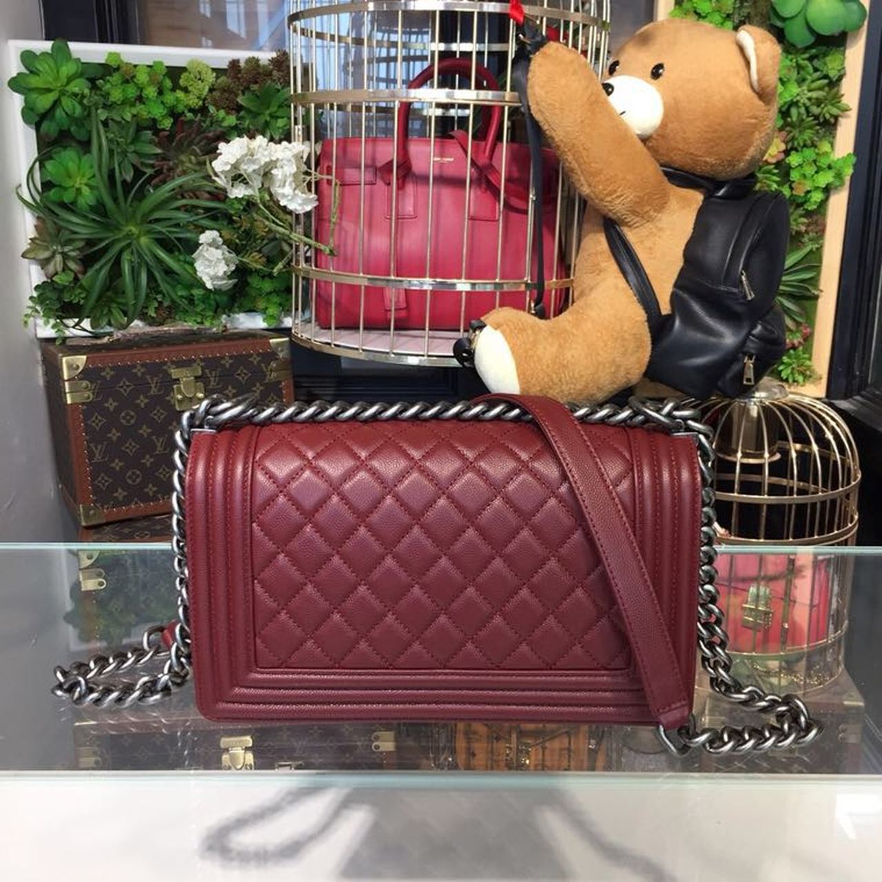 CHL Boy Handbag Silver Hardware Burgundy For Women, Women’s Bags, Shoulder And Crossbody Bags 9.8in/25cm A67086