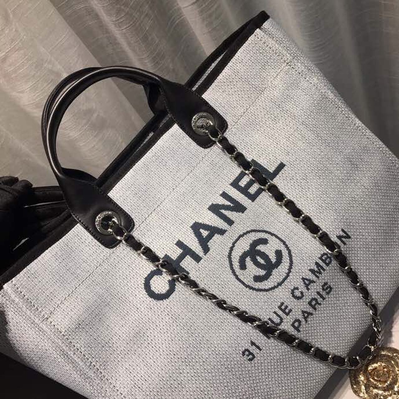 Chanel Deauville Tote Canvas Bag Light Grey For Women, Women’s Handbags, Shoulder Bags 15in/38cm A66941