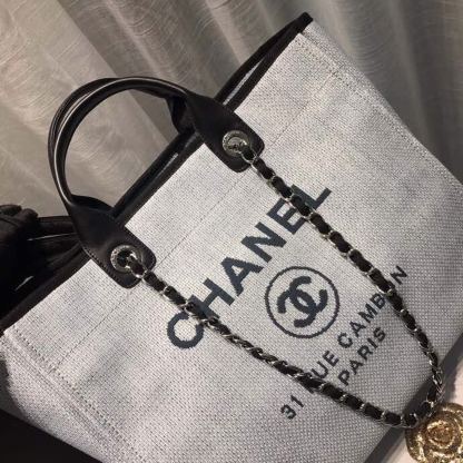 Chanel Deauville Tote Canvas Bag Light Grey For Women, Women’s Handbags, Shoulder Bags 15in/38cm A66941