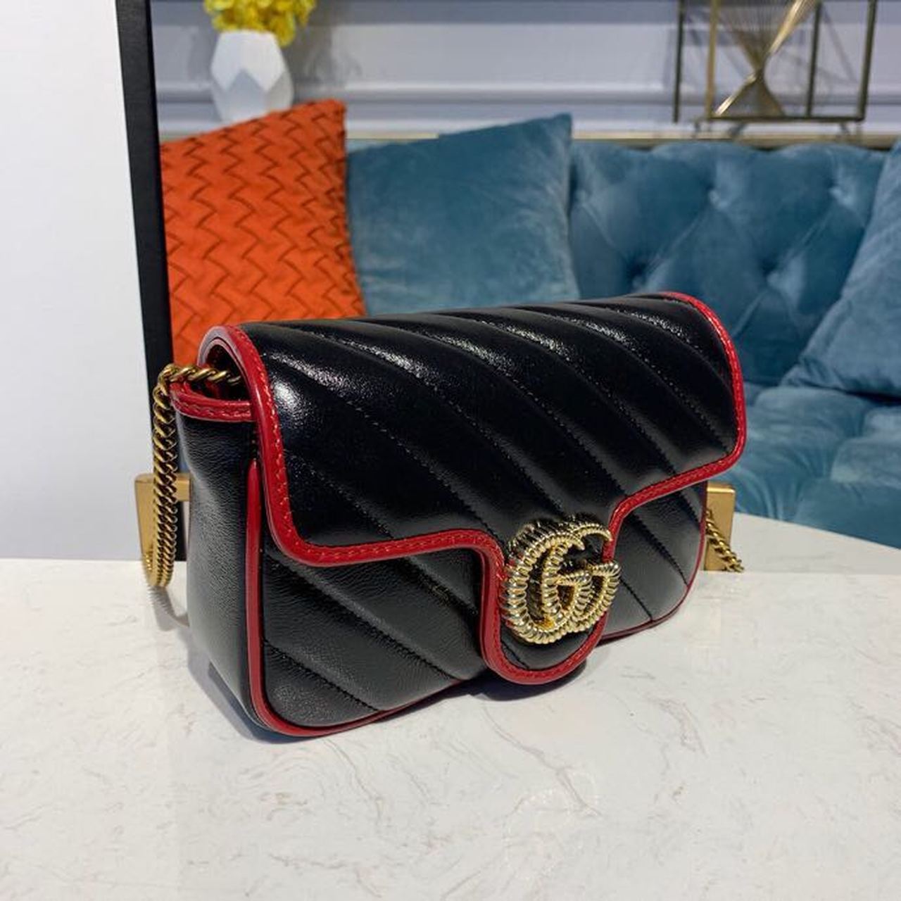 gg Marmont Diagonal Matelass Shoulder Bag Black Red For Women 10in/26cm gg 443497