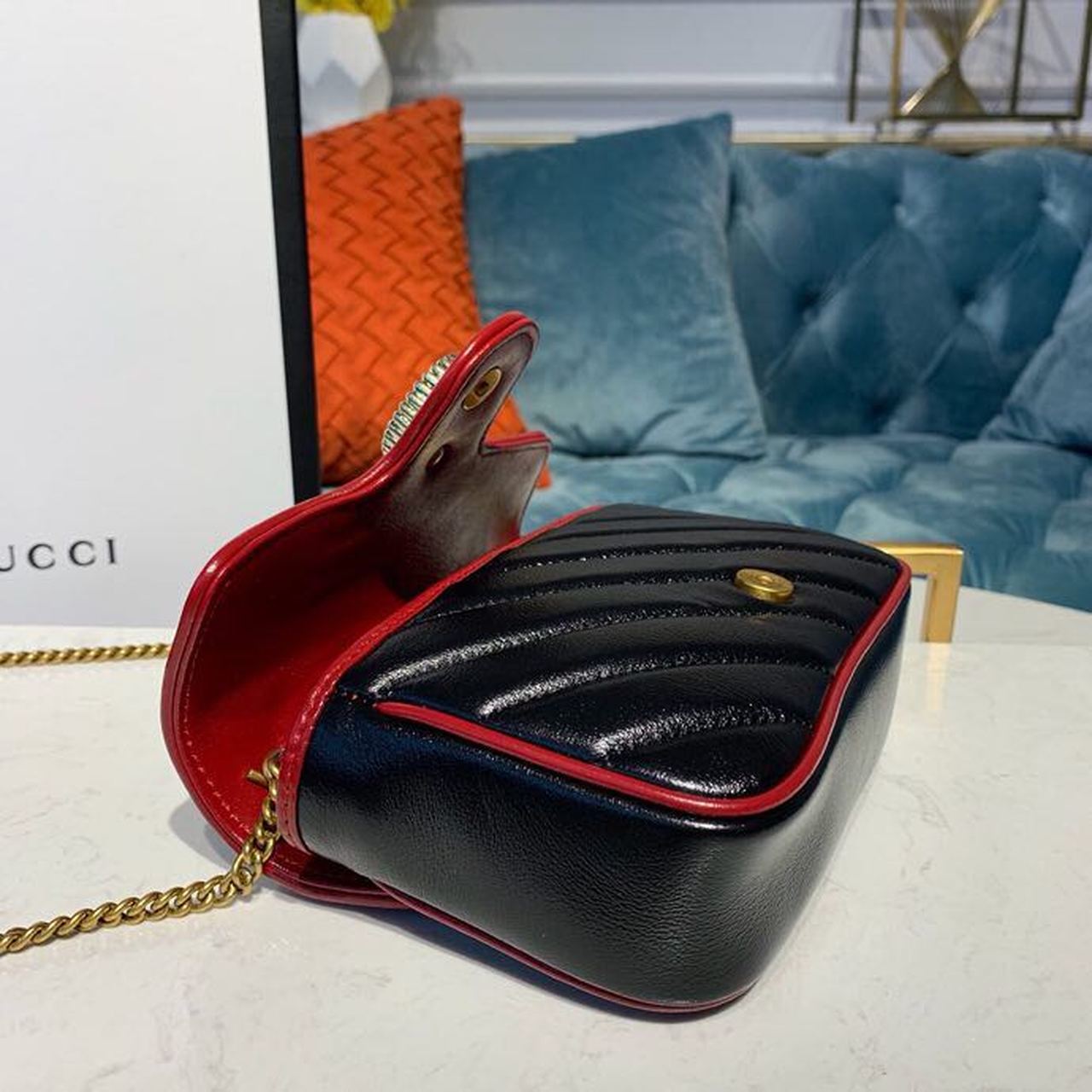 gg Marmont Diagonal Matelass Shoulder Bag Black Red For Women 10in/26cm gg 443497