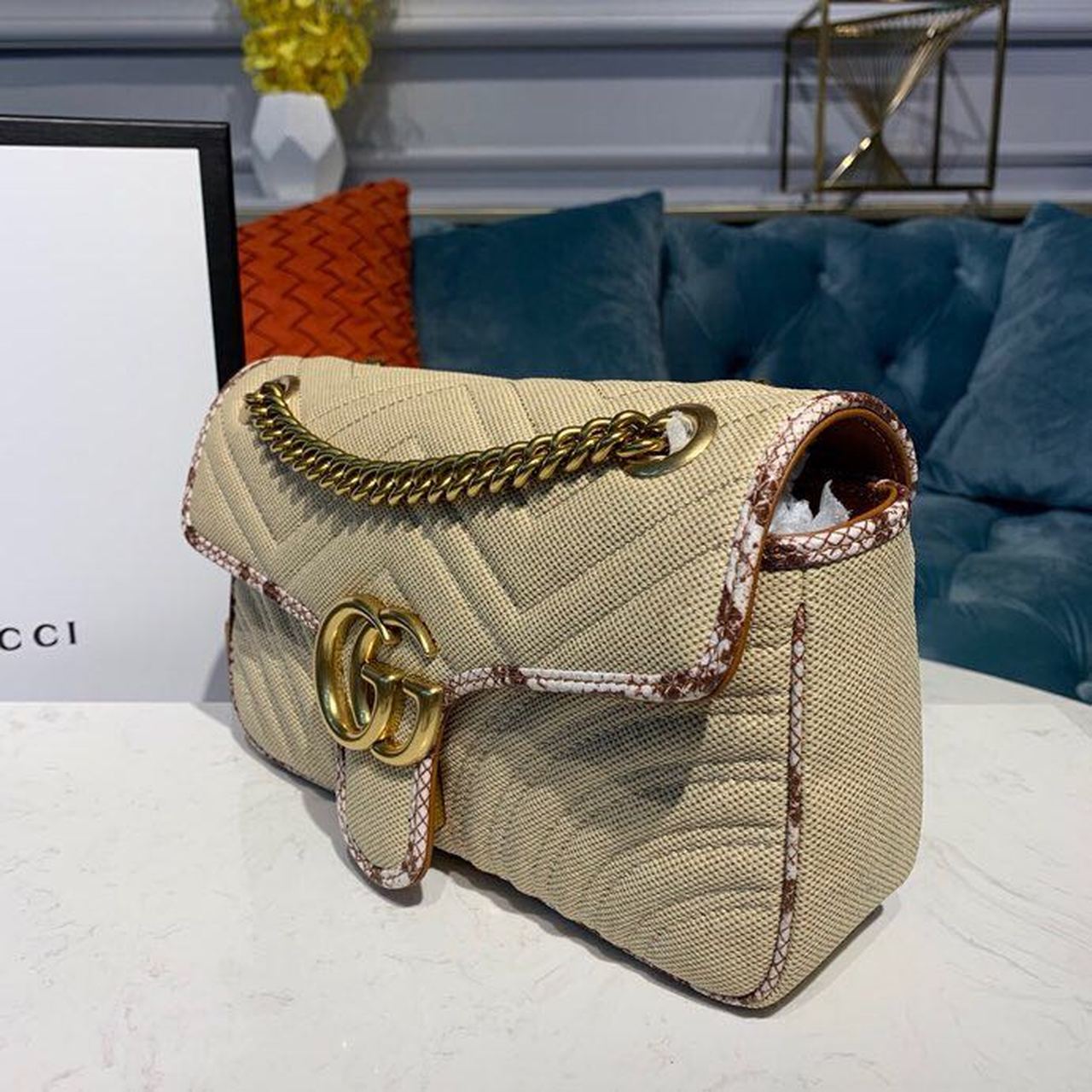 gg Marmont Raffia Straw Shoulder Bag Cream/Brown/Beige gg Chevron Matelassé Raffia Effect Fabric For Women 10in/26cm gg  ‎443497